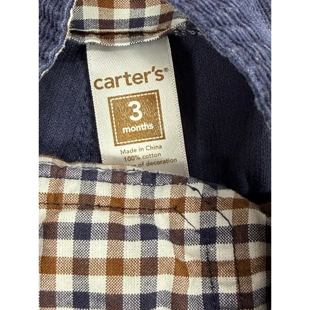 Carters Baby Boys Navy Blue Corduroy Bulldog Overalls 3 Months‎ Gingham Lining